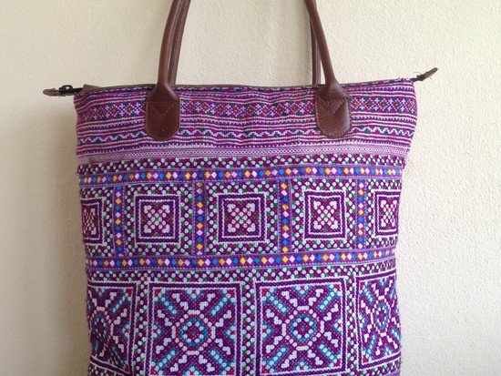 Large Purple Embroidered Shoulder Bag with Leather Strap_3188